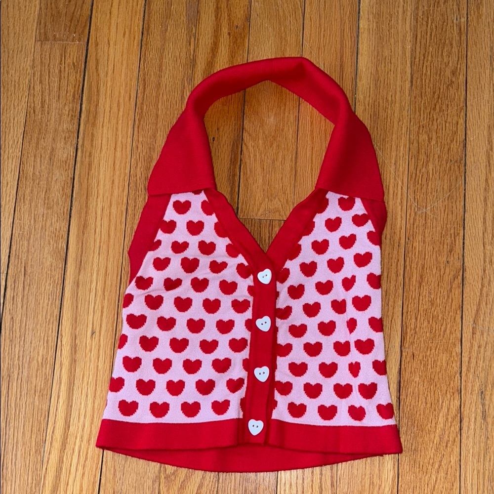 Red and Pink Heart Patterned Halter Top